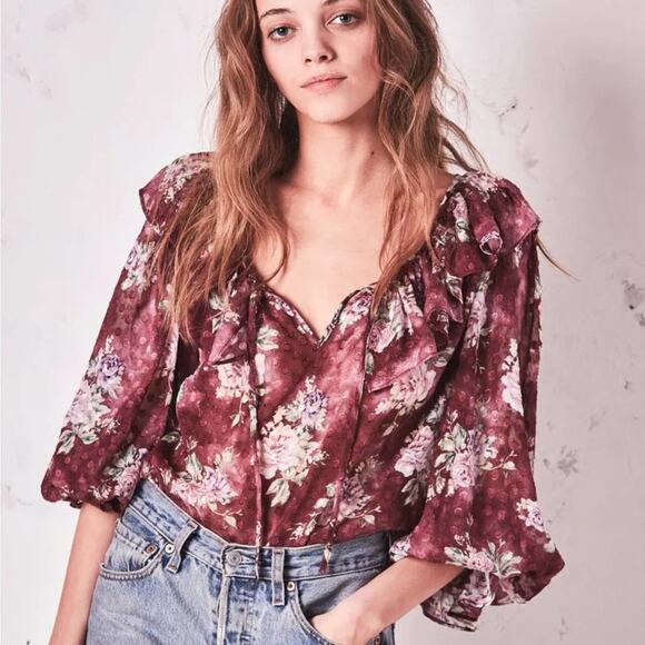 LOVESHACKFANCY Merryl Top Ruffle Blouse Romantic Saddle Red {UU24}